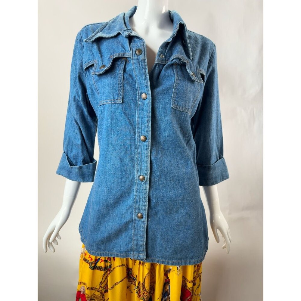 Vintage Blue Denim Button-Up Jacket With Pockets & Elastic Waist SZ Small
